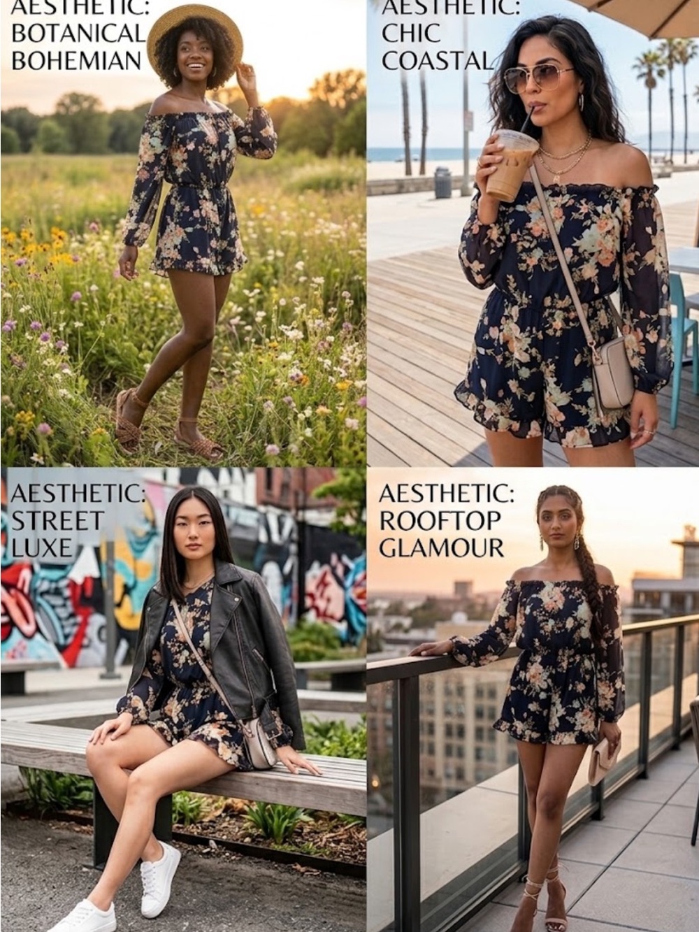 Lulus Navy Floral Off-Shoulder Cute Romper Boho Chic Street Glamour Small